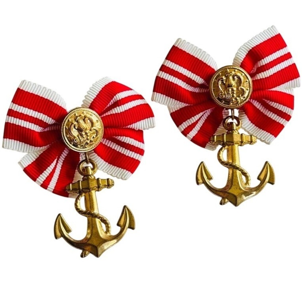 VTG Bow Anchor Earrings Dangle Brass red ribbon chunky Pierced Flashy 80s 3.75"L